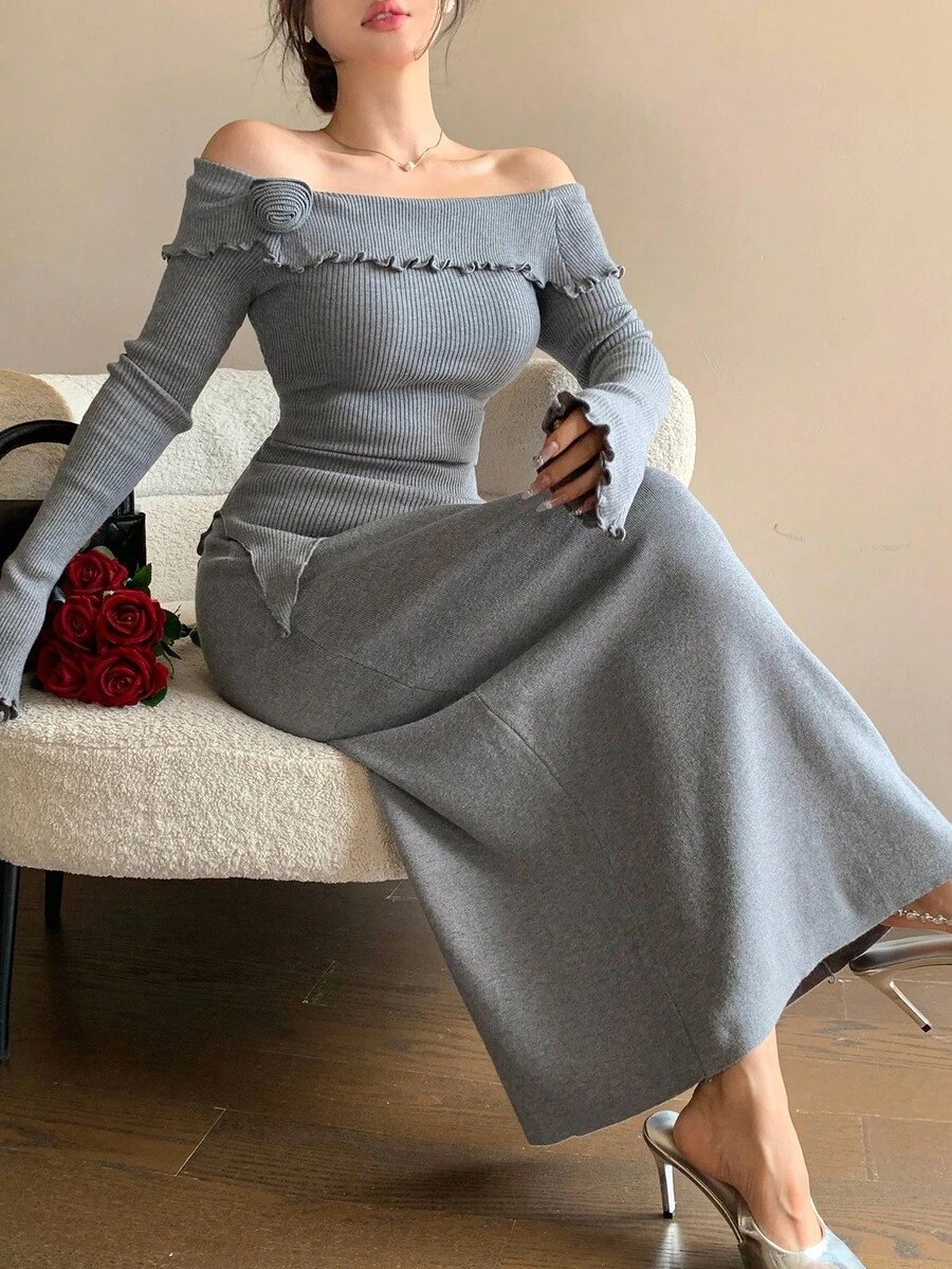 DAZY Women's Elegant Solid Color Off Shoulder 3D Flower Asymmetric Sweater & Skirt 2-Piece Set, Autumn - Grey - View 1