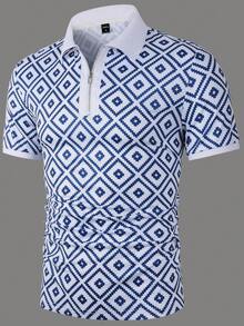 Manfinity Homme Men Vacation Geo Print Quarter Zip Collar Polo Shirt, For Husband - Blue and White - View 6