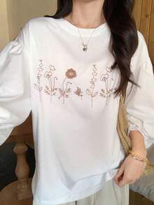 FRIFUL Women's White Loose T-Shirt With Floral Embroidery Pattern, 3/4 Sleeve, Bohemian Style, Spring - White - View 6