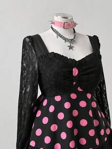 Sweetra 大码波尔卡圆点蕾丝拼布长袖衬衫 - 黑色 - 查看 2