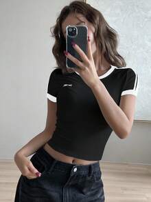 DAZY Women Contrast Color Block Round Neck Short Sleeve Bow Print Slim Fit T-Shirt - Black - View 4