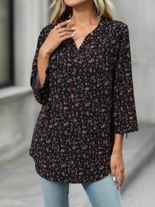 Camisa casual con cuello en pico, rayas y mangas enrolladas para el otoño - Multicolor - Ver 6