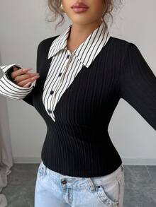 Rafferiza Gå ut Casual Mode All-Match Pendling Höst- och vinterkläder Damkläder Randig skjortkrage Skarvningar Resår Svarta borstade ränder Midjebantning 2-i-1 Damkläder för lärare Dam höst- och vinterlångärmad T-shirt Dam T-shirt Svart topp - Svart - Visa 5