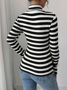 Elenzga 女士初秋高领抓绒罗纹长袖T恤衫，春季女式上衣 - 黑與白 - 查看 2