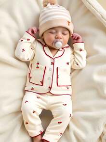 SHEIN 新生女婴卡通可爱樱桃领开襟上衣和裤子时尚优雅