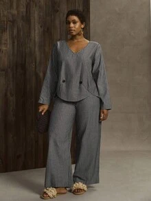 EMERY ROSE Conjunto de 2 piezas de top de manga larga con cuello redondo y pantalones a rayas verticales, talla grande, adelgazante, casual, versátil, para otoño - Negro - Ver 5