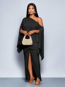 SOLERSUN Plus Size Women's Black Elegant Autumn Night Out Club One Shoulder Cape Sleeve Asymmetrical Hem Gathered Slit Linen Dress,Casual Commuting Vacation - Black - View 6