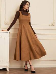 GENKIRA Suede Fabric Sleeveless Elegant Fitted Waist Dress With Flared Skirt - Khaki - View 1