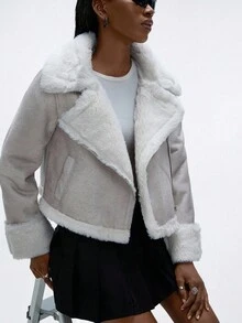 GENKIRA Fuzzy Lined Zip Up Lapel Collar Jacket - Grey - View 6