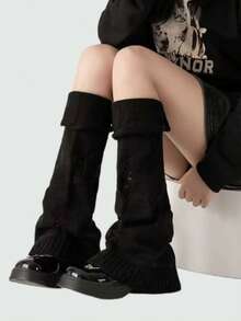 ROMWE Goth 1双女士超长条纹暖腿套，保暖 - 黑色 - 查看 1