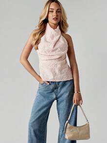 MISSGUIDED Halter Neck High Neck Lace Top For Evening Party Occasions With Cowl Draping - Pink - View 6