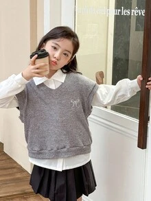 SHEIN 3pcs/Set Tween Girls Korean Style Bow Emboidery Vest And Loose Fit Shirt And Pleated Skirt,  Long Sleeve Collared Shirt Set Fall Winter - Grey - View 4