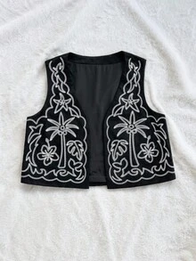 Soleia 女士度假休闲复古刺绣上衣，女士无袖上衣，适合派对、晚宴、性感场合、约会、海滩度假、夏季、假日约会、下午茶、海滩游轮度假、公路城市度假、波西米亚风度假、音乐节等场合，可内穿或外穿，适合所有季节，西式女装，西式上衣，波西米亚风夏季上衣 - 黑與白 - 查看 5