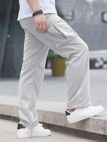 Manfinity Homme 男士纯色工装口袋直筒休闲裤，秋季 - 銀色 - 查看 2