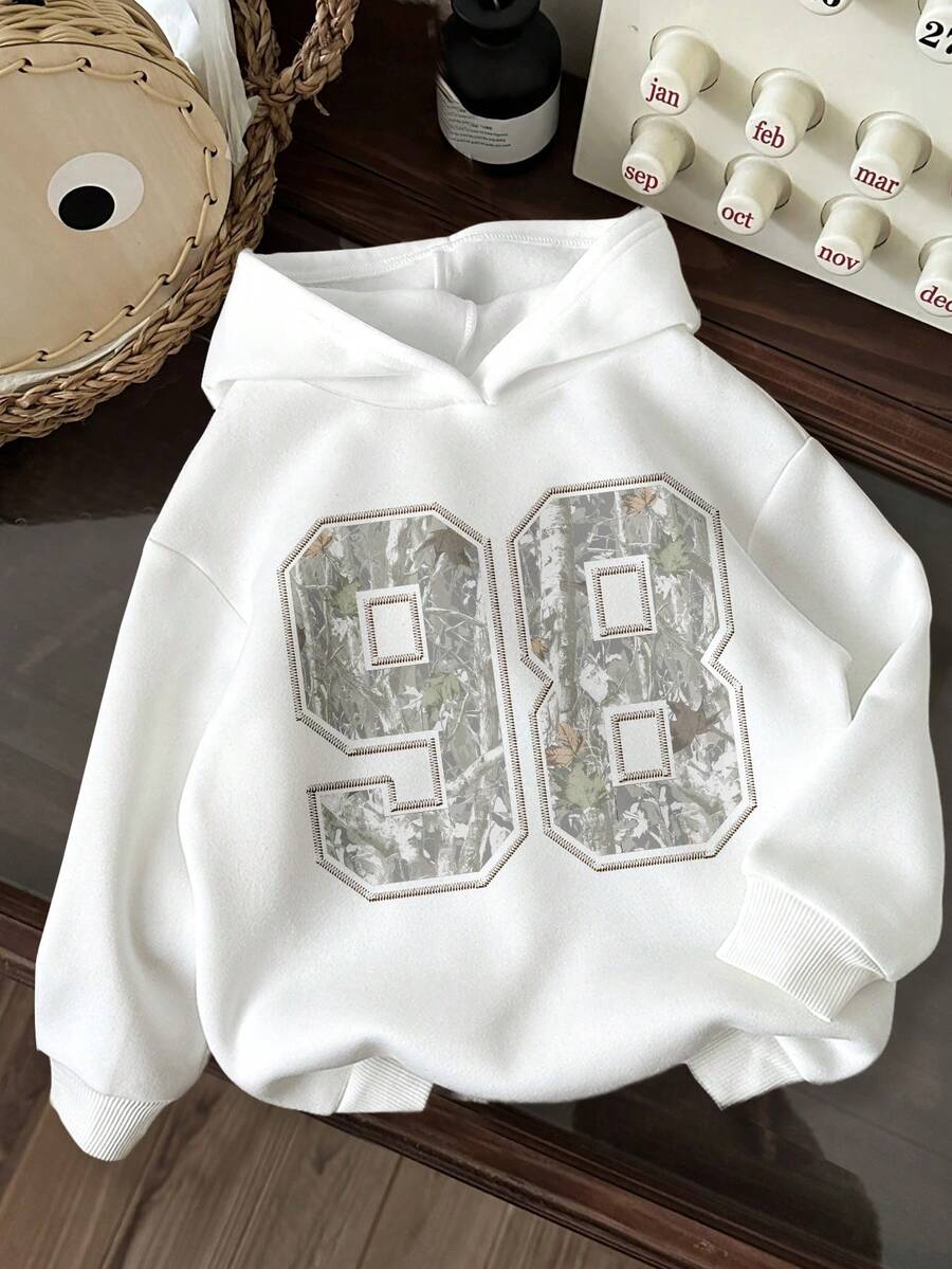 Tween Girl Casual Hooded Thick Sweatshirt, College Style Numeric & Camouflage Leaf Print, Campus Vibe, Citywalk, Street Atmosphere, Leisure Campus Sports Style, Suitable For Autumn/Winter Fall