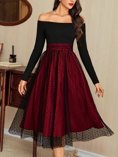 Vintamour 复古优雅女装 网眼拼布节日圣诞派对长裙 女装秋季服装 万圣节服装 冬装 圣诞冬装女装 女装秋季服装 女装万圣节服装 女装圣诞服装 圣诞派对礼服 新年礼服 女装感恩节服装 优雅派对礼服