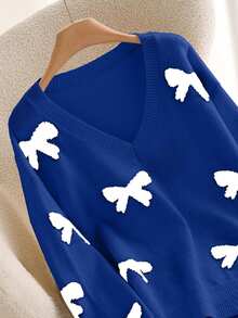 SHEIN Cottnline Plus Size Bow Jacquard Pattern V-Neck Long Sleeve Casual Knit Sweater - Royal Blue - View 4