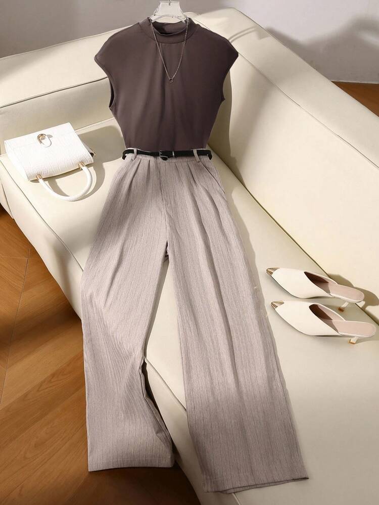 GlowEve 女士休闲通勤条纹阔腿裤 - 卡其色 - 查看 8