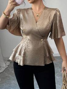 Elenzga 大码女式优雅十字交叉金属面料荷叶边袖修身休闲衬衫，百搭设计，适合通勤、派对、婚礼 - 金色 - 查看 3