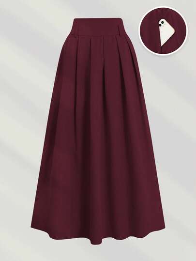 Franclia Plus Size Solid Color High Waisted Pleated A-Line Skirt, For Autumn, Burgundy Pleated Modest Elegant Skirt