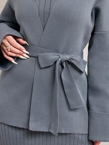 Veilorie Elegancki, dopasowany damski zestaw bezrękawnik i kardigan, 2 sztuki, jesienno-zimowe ubrania dla kobiet - Szary - Zobacz 8