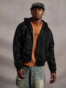 PAVTROS Manfinity Streetrush Men's Cropped Black Zip-Up Cardigan Sweatshirt With Thermal Lined, Sequin Fabric And Graphic, Starry Sky Pattern, Streetwear For Autumn And Winter, Halloween Clothing, INS Streetwear, Men Clothes, Men Cardigan Sweatshirt, Style, Rapper Clothing, Boy Friend Gifts Black Graphic Jacket Star Jacket Sparkly Top Men - Black - View 4