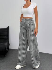 EURMUSE Pantalon casual à jambes larges avec imprimé à carreaux taille mi-haute pour femmes