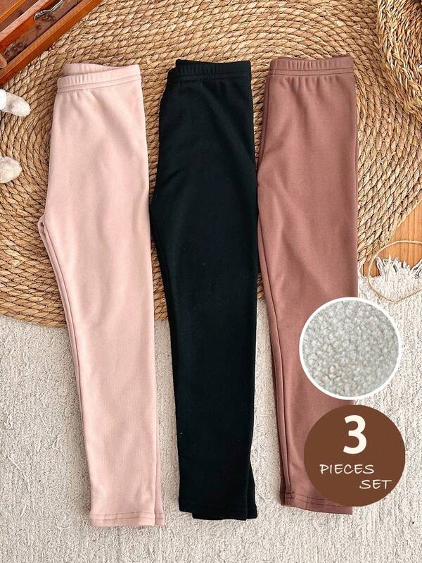 LMoss Kids LMoss Kids 3pcs Young Girl Solid Color Fitted Casual Leggings Set Girls Leggings , Girls Kids Leggings Girls Pants Toddler Leggings Chic Outfits For Autumn/Winter,Winter Clothes,Leggings,Trousers Kids Winter Leggings Warm Leggings For Girls Fall