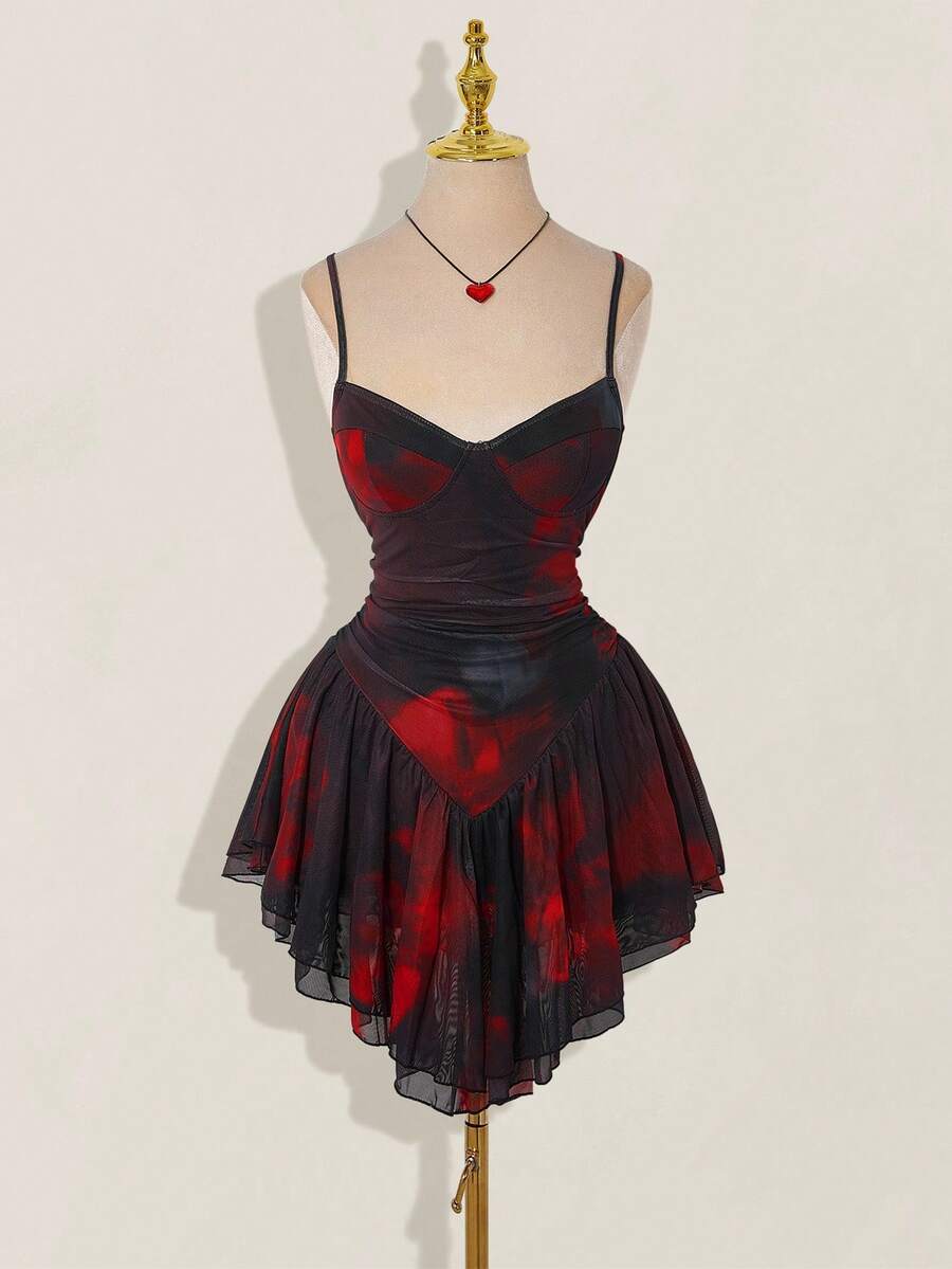 SHEIN ICON Váy yếm bất đối xứng viền bèo nhún họa tiết hoa - Màu Đỏ Sâu - Xem 1