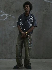 Manfinity ZONE917 Camisa corta y holgada con estampado de ángel de Los Ángeles gótico para hombre - Negro - Ver 6