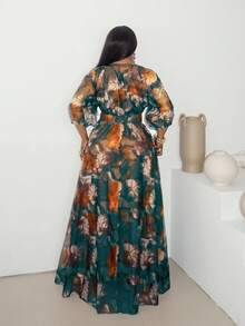 Maweii 大码优雅修身网眼花卉印花连衣裙，夏季 - 霧霾藍 - 查看 2