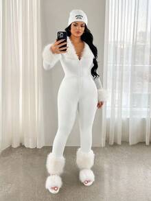SHEIN SXY Women's Long Sleeve Zip-Up Half Turtleneck Tight-Fitting White Faux Fur Patchwork Jumpsuit, White Club Outfit, White Matching Set,Snow, All White,,Thanksgiving,Fall,Fall Clothes For Women - White - View 6