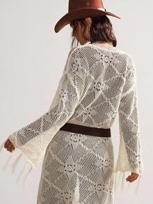 Bohemela 女士长袖镂空流苏长款开衫 - 杏色 - 查看 5