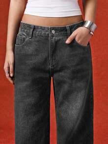 LYSMO Quần jean ống đứng dáng rộng màu trơn thường ngày có đai thắt lưng cho nữ - màu đen - Xem 3
