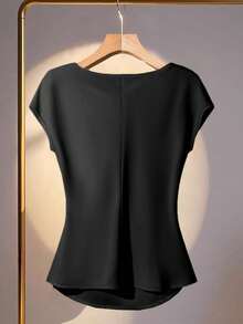 SHEIN Clasi 女式夏季优雅纯色荷叶边不对称领褶皱腰衬衫上衣 - 黑色 - 查看 2