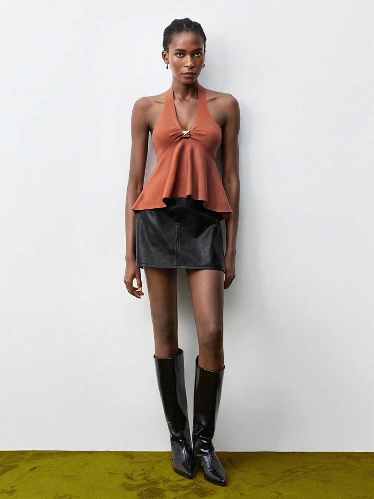 SHEIN Maija 2025 Women's Sexy Backless Halter Knit Sweater Top, Summer, Modern Urban, Metal-Embellished, Halterneck Sleeveless Top, Summer For Women, Thanksgiving, Thanksgiving For Women , Thanksgiving For Women, Beach For Women