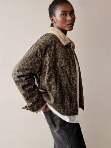 Maija 女式豹纹牛仔保暖内衬夹克复古长袖夹克豹纹图案冬季休闲装 - 彩色 - 查看 6