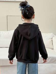 Genkimix Kids 女孩休闲羊毛连帽衫，黑色，带拉链口袋，插肩袖，徽标印花，宽松百搭夹克 - 黑色 - 查看 5