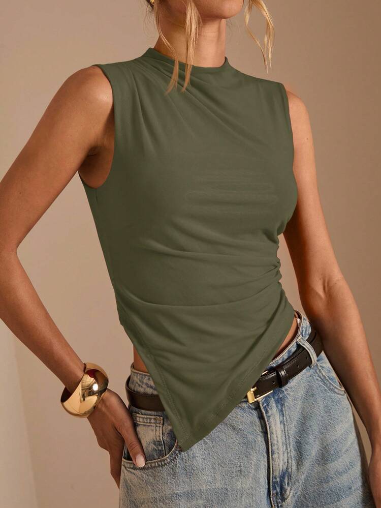 SHEIN BAE Camiseta sin mangas casual con cuello liso, plisada y dobladillo asimétrico para mujer - Verde militar - Añade 7