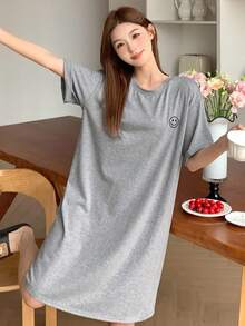 DAZY Minimalist Cute Expression Embroidered Homewear Dress, Moo Moo Pajama