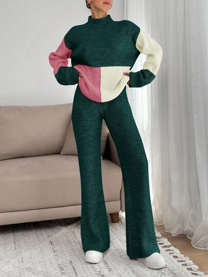 EURMUSE Women Color Block Sweater And Casual Sweater Pant Two Pieces Outfit Set