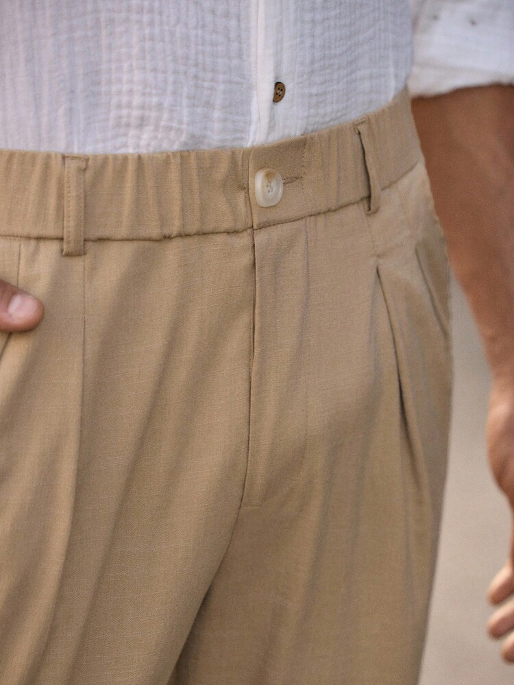 Manfinity VCAY Quần lửng lưng thun co giãn màu trơn thường ngày cho nam - Màu Khaki - Xem 6