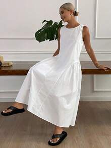 DAZY Đầm suông cổ tròn ôm sát màu trơn không tay xẻ tà thường ngày dành cho nữ, mùa thu - trắng - Xem 6