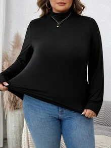 SHEIN CURVE+ 纯色罗纹修身立领针织保暖T恤