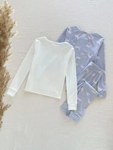 SHEIN 3 件套女童柔软舒适独角兽、云朵、雨滴印花贴身长袖上衣和裤子睡衣套装，秋冬 - 紫色 - 查看 2