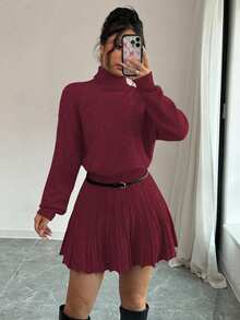 Rafferiza 2件套：纯色宽松百褶裙和高领毛衣 - 酒紅色 - 查看 6