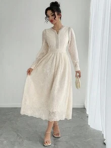 DAZY 高端法式蕾丝长袖连衣裙，V领雪纺优雅礼服，秋冬新款连衣裙 - 杏色 - 查看 5