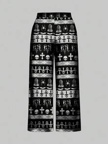 ROMWE Goth Goth Anubis Kopf & Altägyptisches Kreuz Allover Muster Große Größen Ärmellos Top und Hose Loungewear Set
