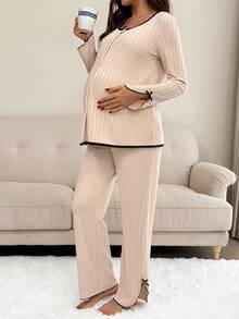 SHEIN 2pcs Maternity Contrast Trim Long Sleeve Top And Pants Set,Pajama,Loungewear,Sleepwear Set 2 Pieces Lounge Sets Woman Maternity Co Ords Sets 2 Pieces Casual Sets Woman Maternity Clothes Two Pieces Suits Maternity Pajama Set - Apricot - View 5