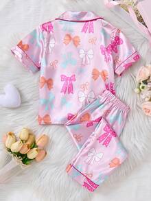 2 件套年轻女孩粉色府绸蝴蝶结印花上衣和裤子套装，休闲家居服儿童夏装套装儿童服装套装女童夏装套装小女孩服装套装儿童服装套装假日旅行休闲夏装